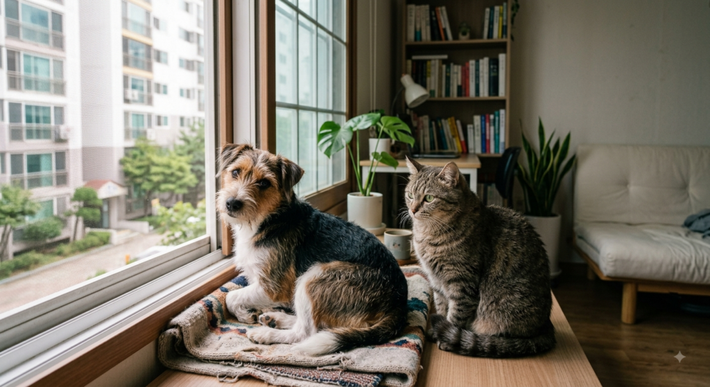 원룸에서 함께 지내는 강아지와 고양이